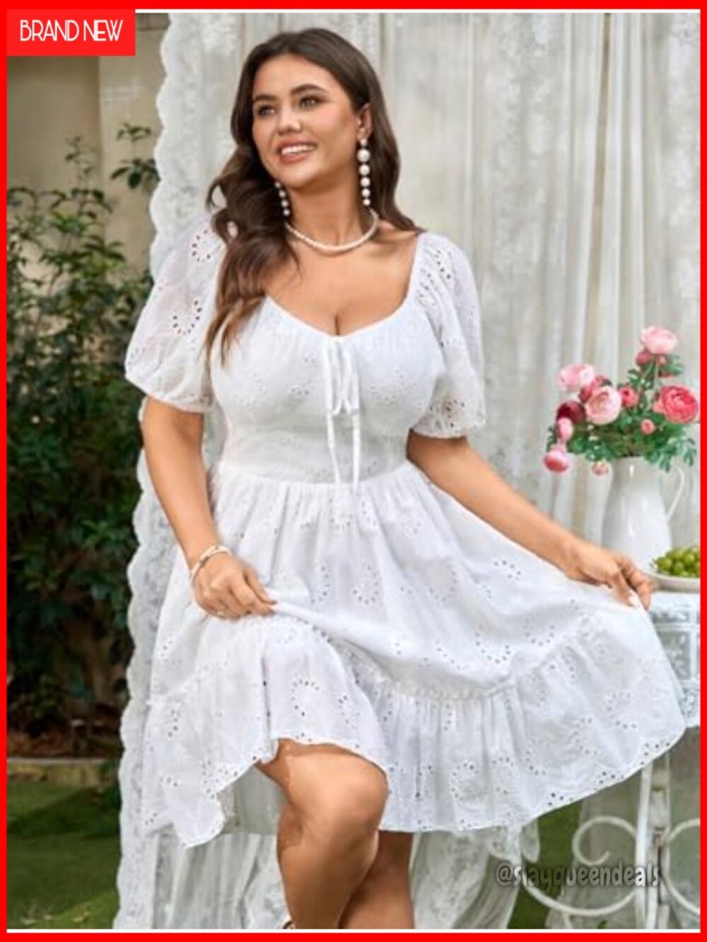 Women's Plus Size Summer Dress Sweetheart Neck Short Sleeve A Line Hollow Out - Picture 2 of 7